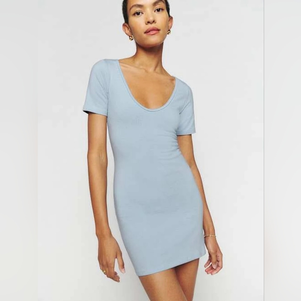 Reformation Blue Mini T-Shirt Aubriella Knit Dress
